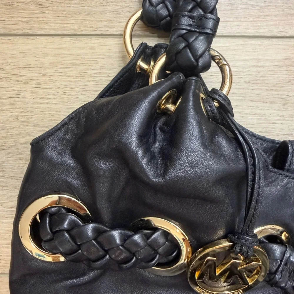 Michael Kors Black Leather Braided Hobo Shoulder Bag Gold Hardware Tassel Large